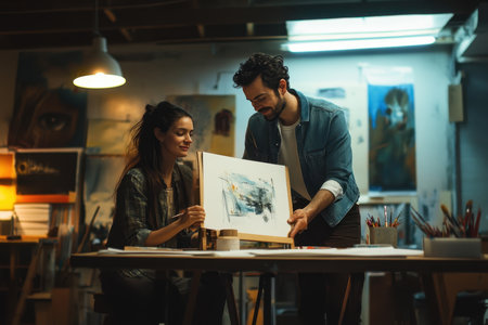 Two artists engaged in a creative discussion about a painting in a warm, warmly lit studio.の素材