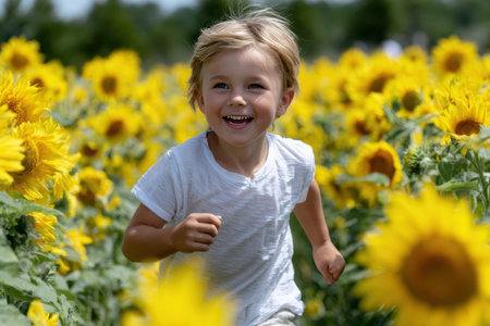 A young child with blonde hair runs excitedly through a vibrant sunflower field, enjoying the sunny weather.の素材