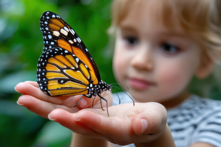 A young child interacts with a monarch butterfly, showing curiosity and wonder in a lush garden.の素材