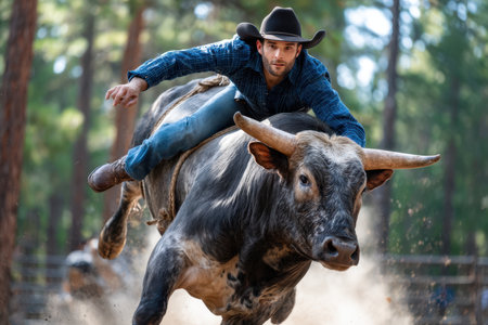 A cowboy skillfully rides a bucking bull, showing bravery and technique in a forest environment.の素材