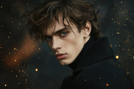 A young man poses with an intense gaze, surrounded by ethereal sparkles, showing a striking style.の素材