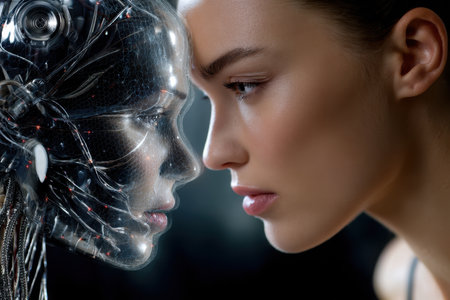 A woman gazes intently at a humanoid robot, showing an intriguing blend of emotion and technology.の素材