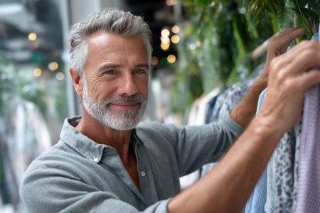 A man with gray hair is browsing clothes in a stylish store surrounded by plants and soft lighting.の素材