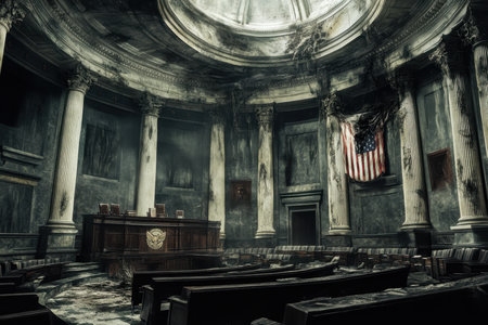 Dusty courtroom displays neglected architecture, empty wooden benches, and an aged American flag hanging limply.の素材