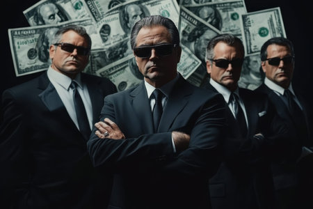 Four men in black suits and sunglasses stand together, exuding authority and power in front of cash.の素材