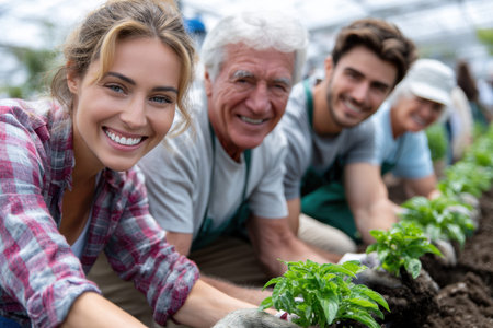 Group of volunteers happily planting herbs in a greenhouse, showing teamwork and community involvement.の素材