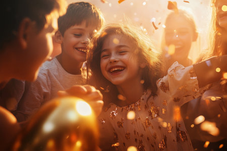 A group of happy children laugh and play together, enjoying confetti in a joyful celebration.の素材