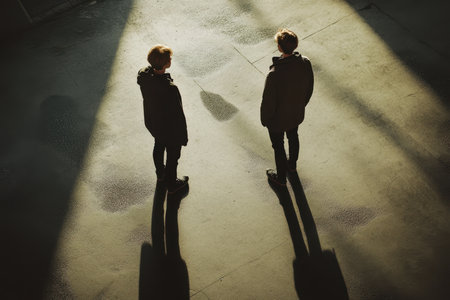 Two individuals are positioned in a striking light, casting long shadows on a textured surface.の素材