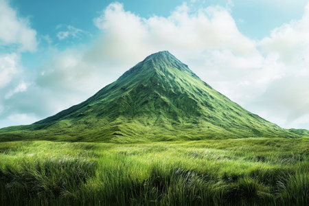 A vibrant green mountain stands tall amidst a sea of grass, under a clear blue sky with scattered clouds.の素材