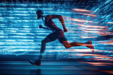 A male athlete sprints forward, showing incredible speed against a vibrant, illuminated backdrop.の素材