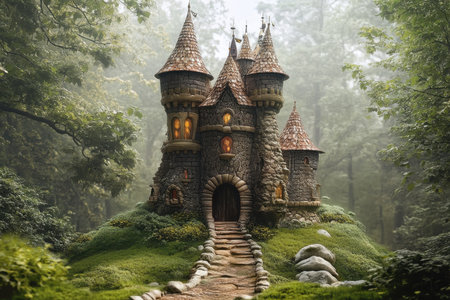 A charming stone castle with turrets and warm lights stands among trees, evoking a fairy-tale vibe.の素材