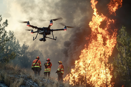 Firefighters monitor a large wildfire as a drone flies overhead in a forested location during daylight.の素材