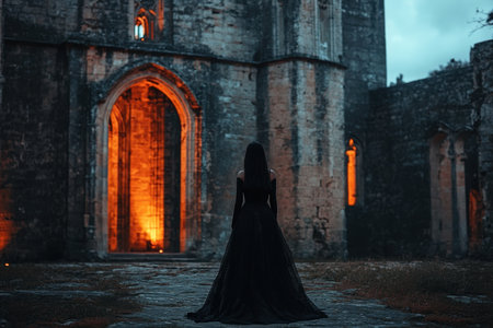 A figure in a long black dress stands in front of illuminated ancient ruins at twilight, creating an eerie atmosphere.の素材