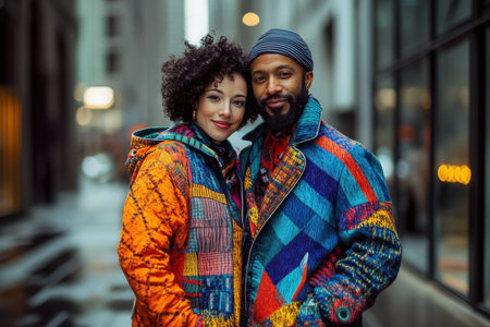 Two individuals stand together, showcasing vibrant and stylish jackets against a city backdrop on a chilly day.の素材