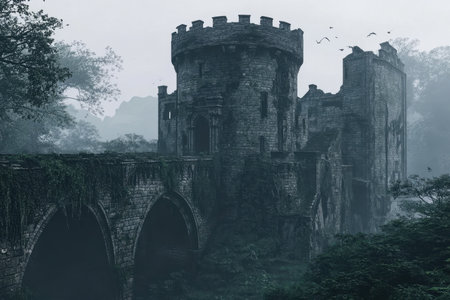 A medieval castle stands shrouded in mist, showing its ancient stone walls and round towers.の素材