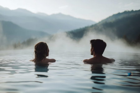 A couple relaxes in a hot spring, surrounded by misty mountains, enjoying a peaceful escape in nature.の素材