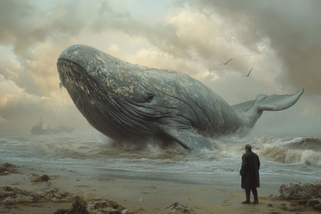 A massive whale washes ashore as a figure observes the creature under cloudy skies.の素材