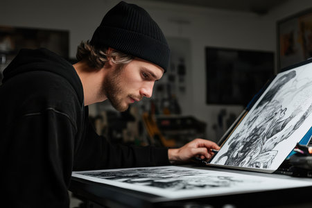 A dedicated artist focuses intently on his illustrations, showcasing talent and creativity in a cozy studio.の素材