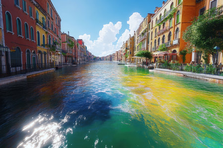 A serene canal in Venice features colorful buildings along the water, illuminated by bright midday sunlight.の素材
