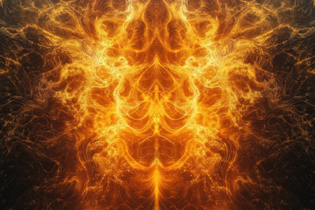 Bright orange and yellow flames intertwine to create a dynamic abstract design set against deep darkness.の素材