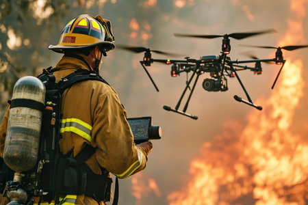 A firefighter uses a drone to gather data in a raging wildfire environment, ensuring safety during operations.の素材