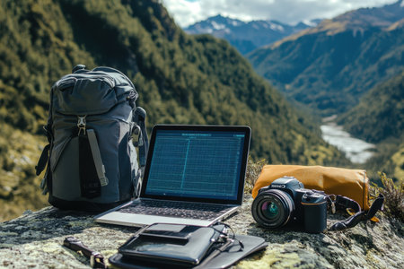 A laptop, camera, and backpack sit on a rock, framed by mountains and a river, blending nature with tech.の素材