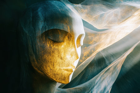 A serene sculpture of a face emerges from soft fabric, illuminated by gentle light, creating an ethereal atmosphere.の素材