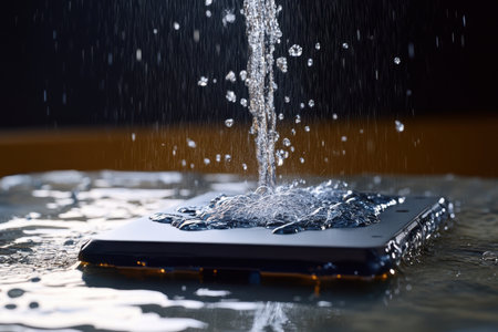 A smartphone is submerged in water while jets of liquid create splashes, showing its water resistance.の素材