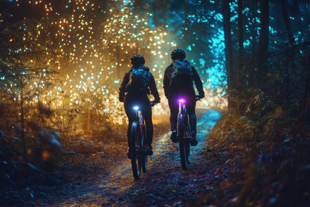 Two cyclists explore a forest trail filled with vibrant lights on a tranquil evening.の素材