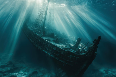 The remnants of a large ship lie submerged on the seabed, illuminated by rays of sunlight filtering through the water.の素材