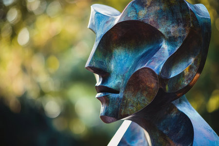 A striking bronze sculpture stands among a lush garden, showcasing contemporary artistry and craftsmanship.の素材