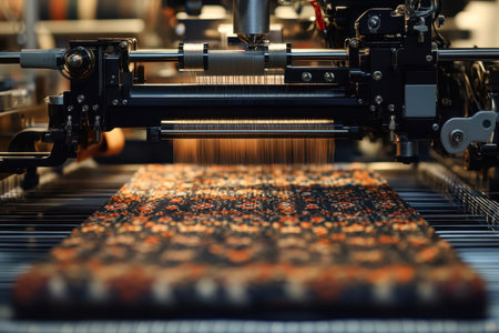 High-tech machinery intricately weaves fabric while showcasing vibrant patterns in a textile workshop.の素材