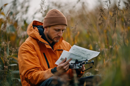 A man examines flight plans while seated in a tall grass field, dressed warmly for the weather.の素材