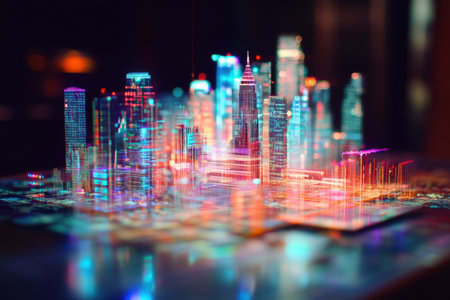 A futuristic city skyline showcases bright, colorful lights illuminating buildings at night.の素材