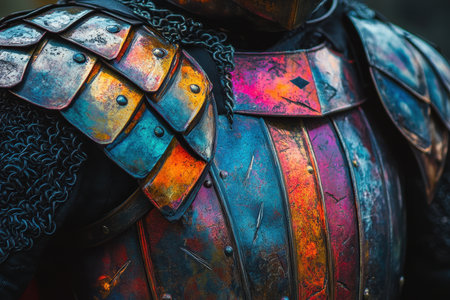 This close view showcases the vivid colors and craftsmanship of a medieval armor set, highlighting its history.の素材