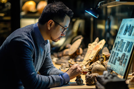 Man studies historical artifacts on a desk in a museum, illuminated by a soft light in a calm environment.の素材
