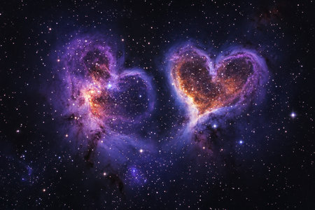 Two heart-shaped nebulae glow brightly in the universe, showing vivid colors against a starry background.の素材