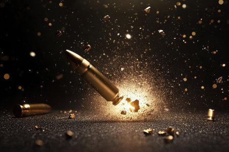A metallic bullet strikes the surface, resulting in an energetic blast of debris and shimmering particles.の素材