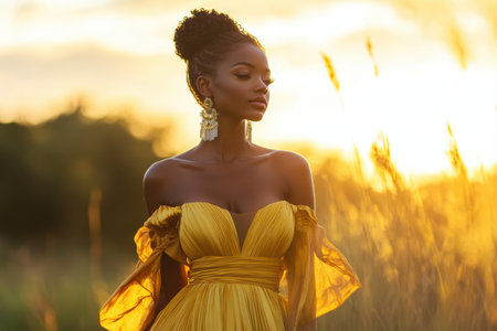 A woman models a flowing yellow dress against a breathtaking sunset backdrop, radiating grace and beauty.の素材