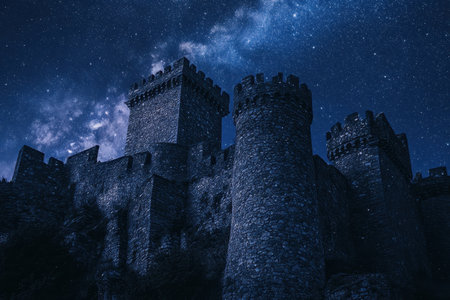 A grand castle stands tall against a stunning night sky, illuminated by countless stars and the Milky Way.の素材