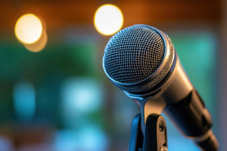 A microphone shines under warm lights, building anticipation for the evening's performance.の素材