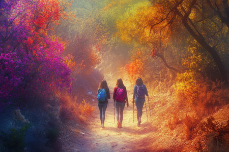 Three hikers walk along a winding trail adorned with bright flowers and lush greenery during daylight.の素材