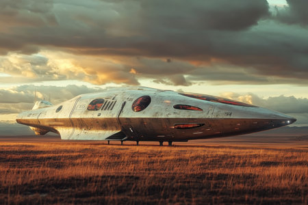 A sleek, metallic spacecraft rests on golden grasslands as the sun sets, casting glowing shadows.の素材