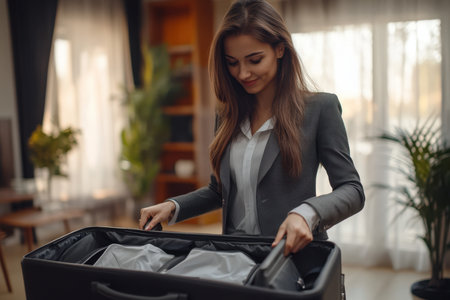 A young woman organizes a suitcase in a stylish living room, preparing for her upcoming business trip.の素材
