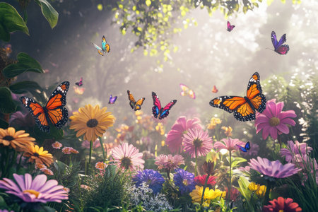 Vibrant butterflies dance through a lush garden filled with colorful blooming flowers during daylight.の素材