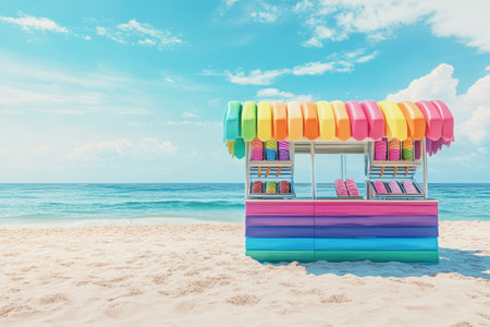 A vibrant beach stand offers various refreshments while waves gently lap against the shore under a clear sky.の素材