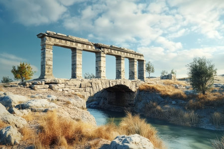 A centuries-old bridge with majestic arches spans a calm river, framed by lush vegetation and golden grasses.の素材