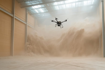 A drone hovers in a dust-filled warehouse, capturing swirling clouds of dust rising dramatically.の素材