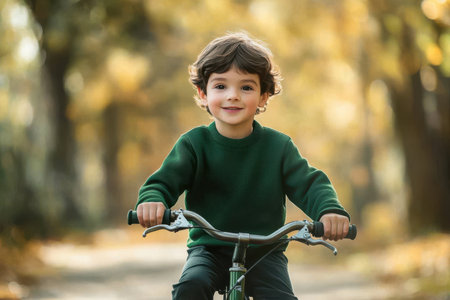 A cheerful boy on a green bicycle enjoys riding along a sunlit path surrounded by autumn foliage.の素材