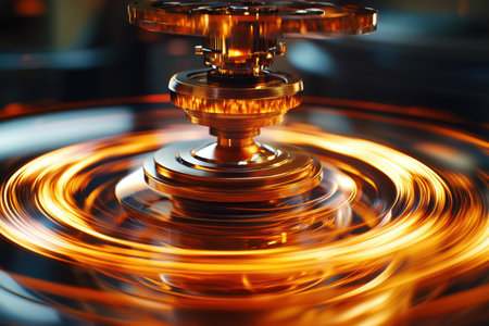 A top spins rapidly, emanating bright orange and yellow trails, capturing the beauty of motion in low light.の素材